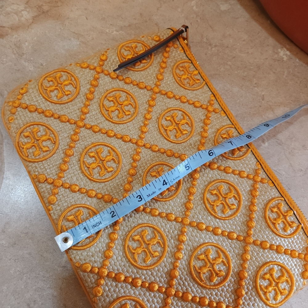 NWOT Tory Burch Orange Citrine T Monogram Embroidered Straw Clutch Purse - Picture 4 of 10